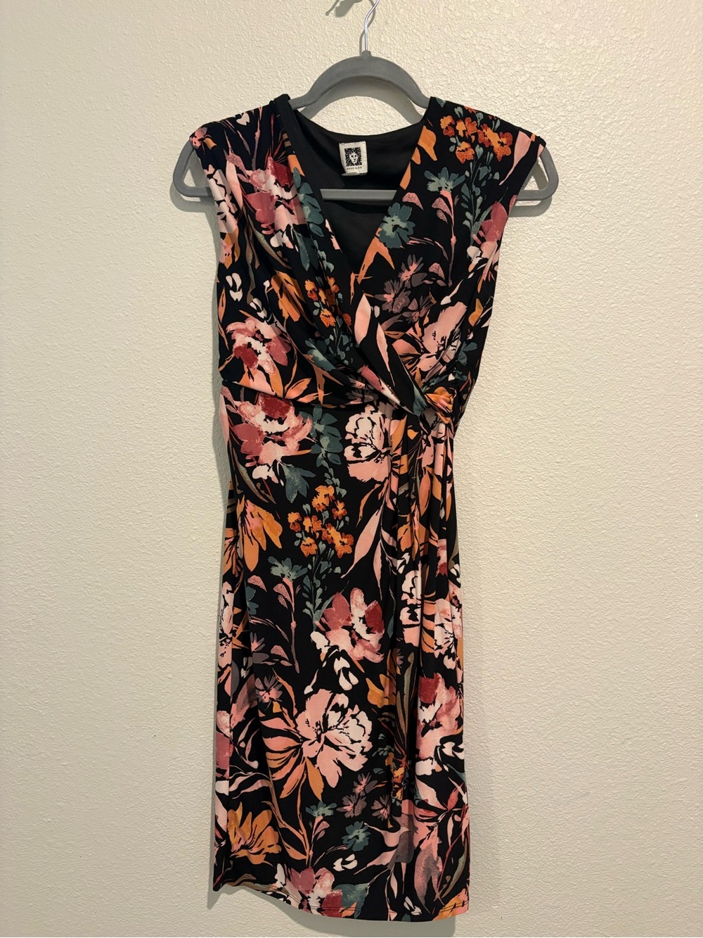 Anne Klein Black Midi Dress with Pink & Orange Floral Print